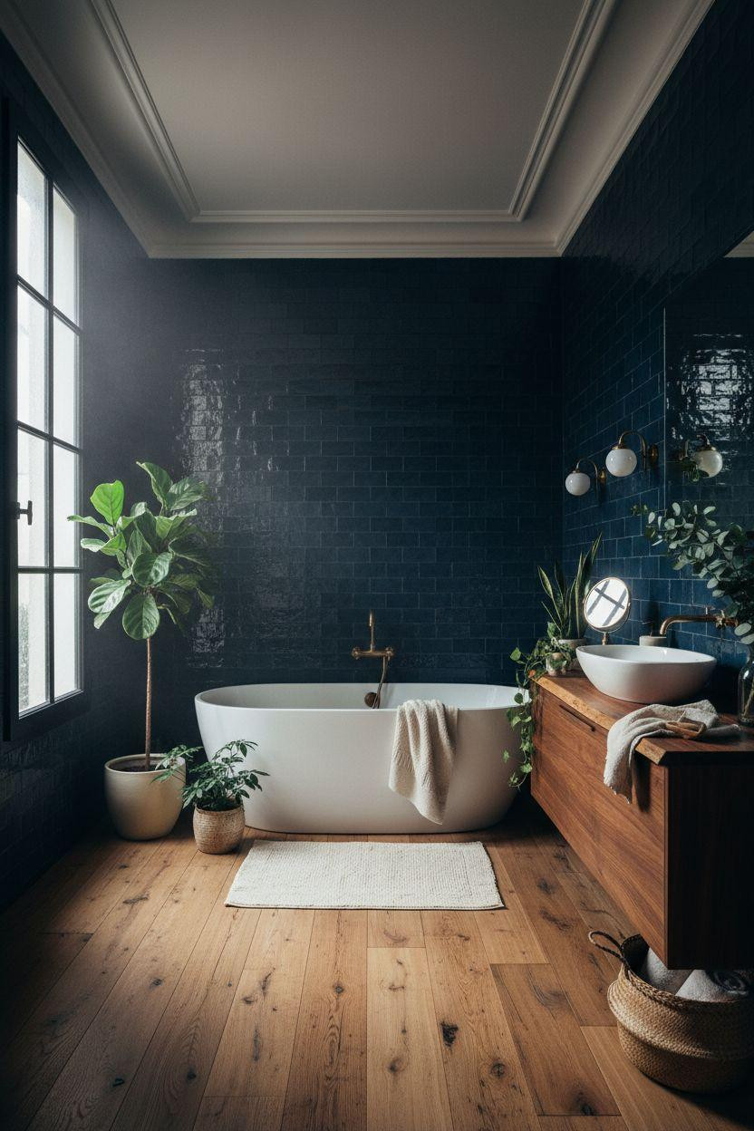 blue bathroom with navy zellige walls and reclaimed oak flooring