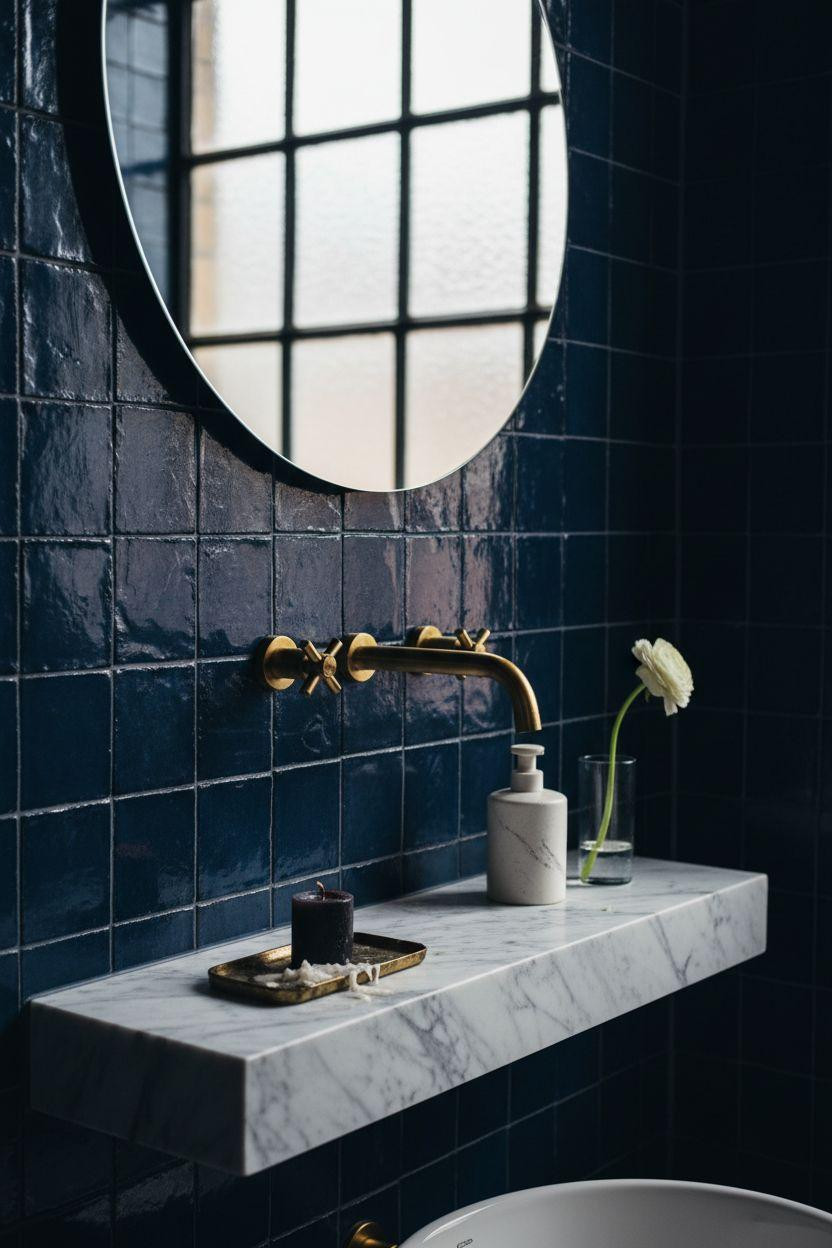 blue bathroom featuring navy zellige tiles with modern brass fixtures