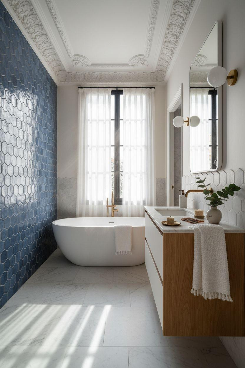 blue bathroom with French blue zellige tiles in geometric pattern
