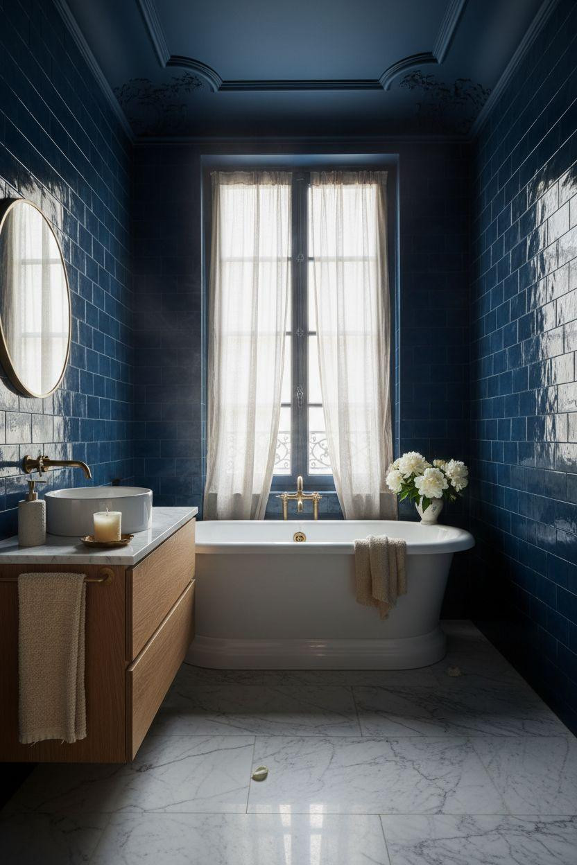 blue bathroom with navy zellige tiles and vintage clawfoot tub in Parisian apartment