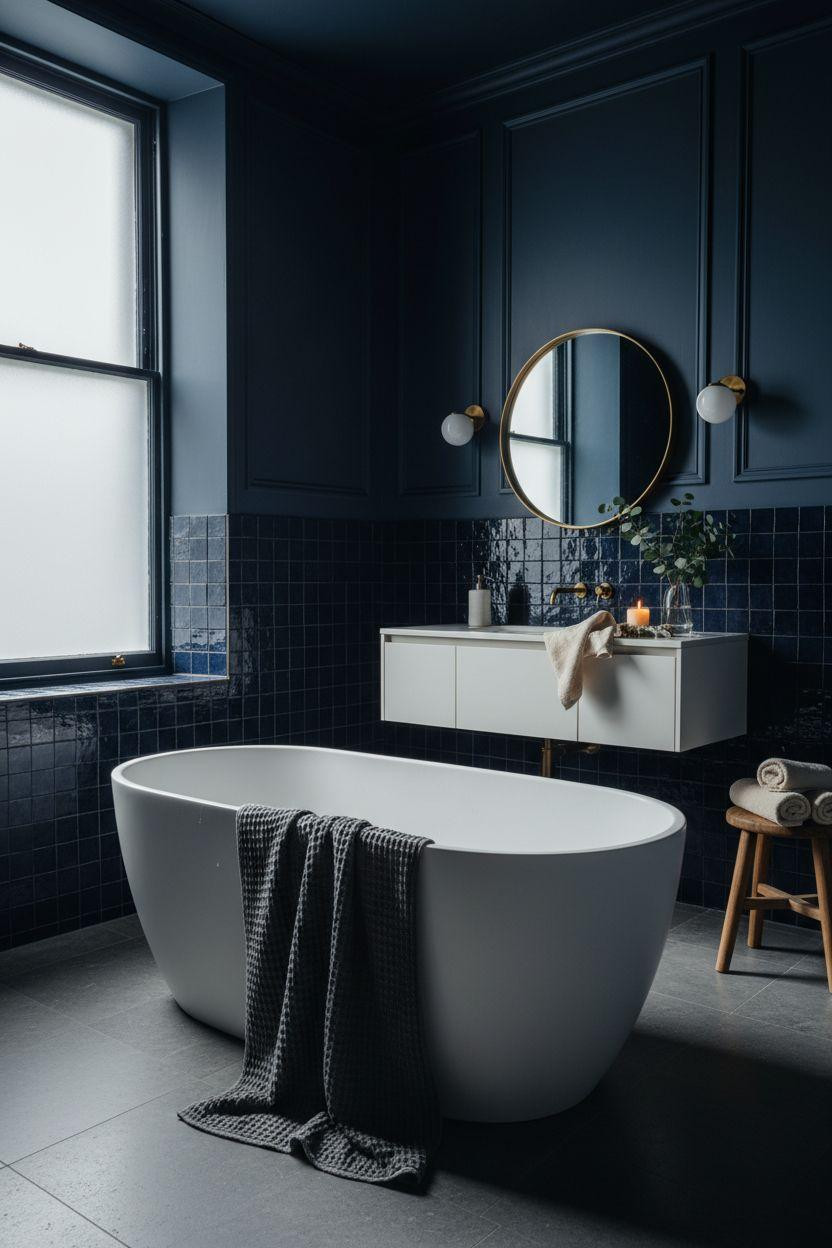 blue bathroom with dark navy zellige tiles and charcoal waffle weave towels