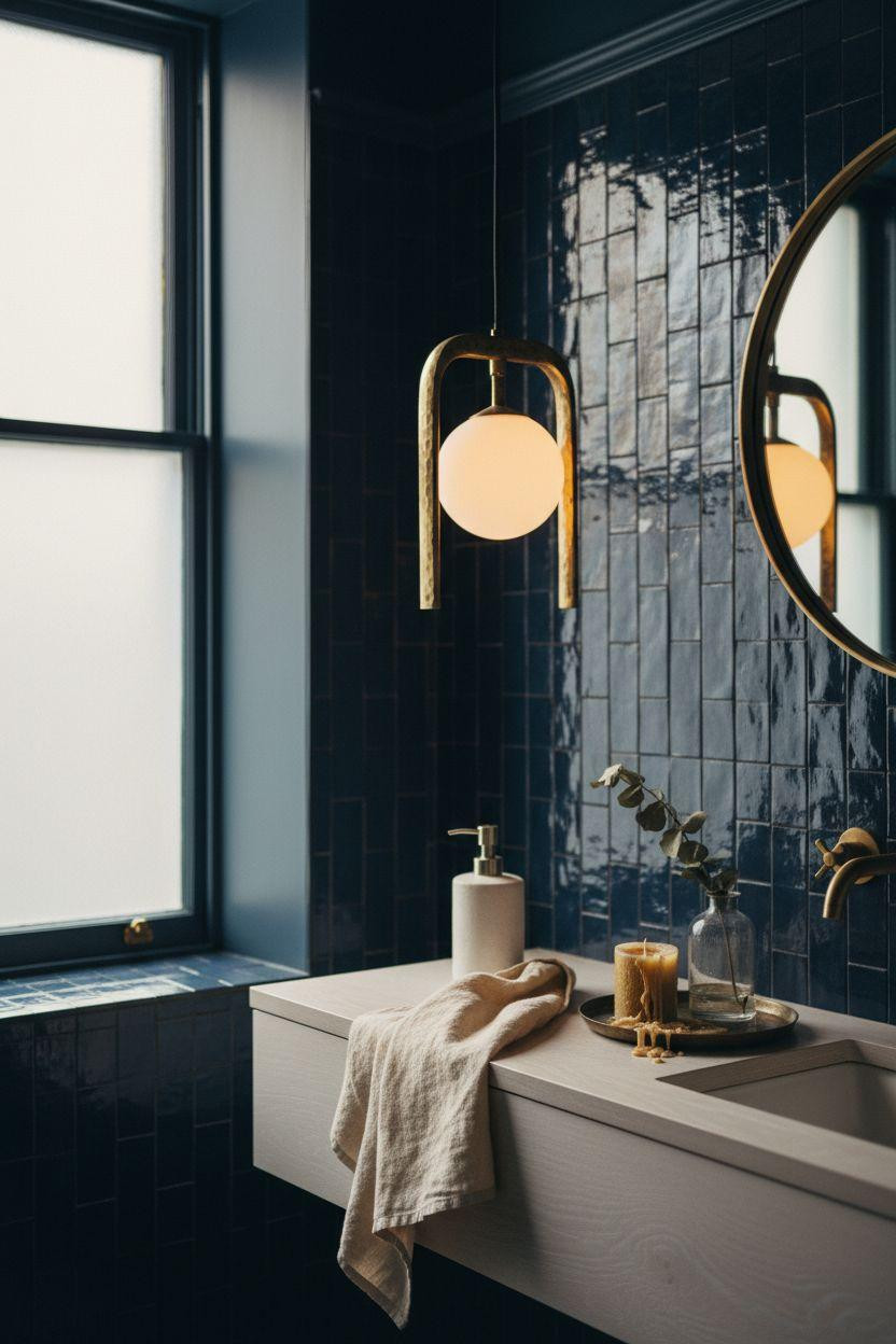 blue bathroom with navy zellige tiles and dramatic brass pendant light