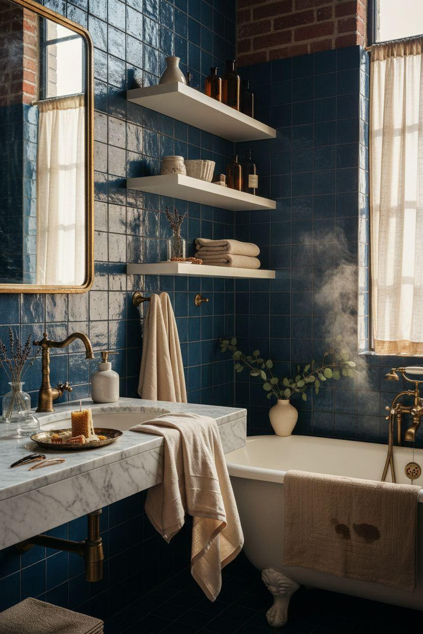 blue bathroom with navy zellige tiles and vintage clawfoot tub detail