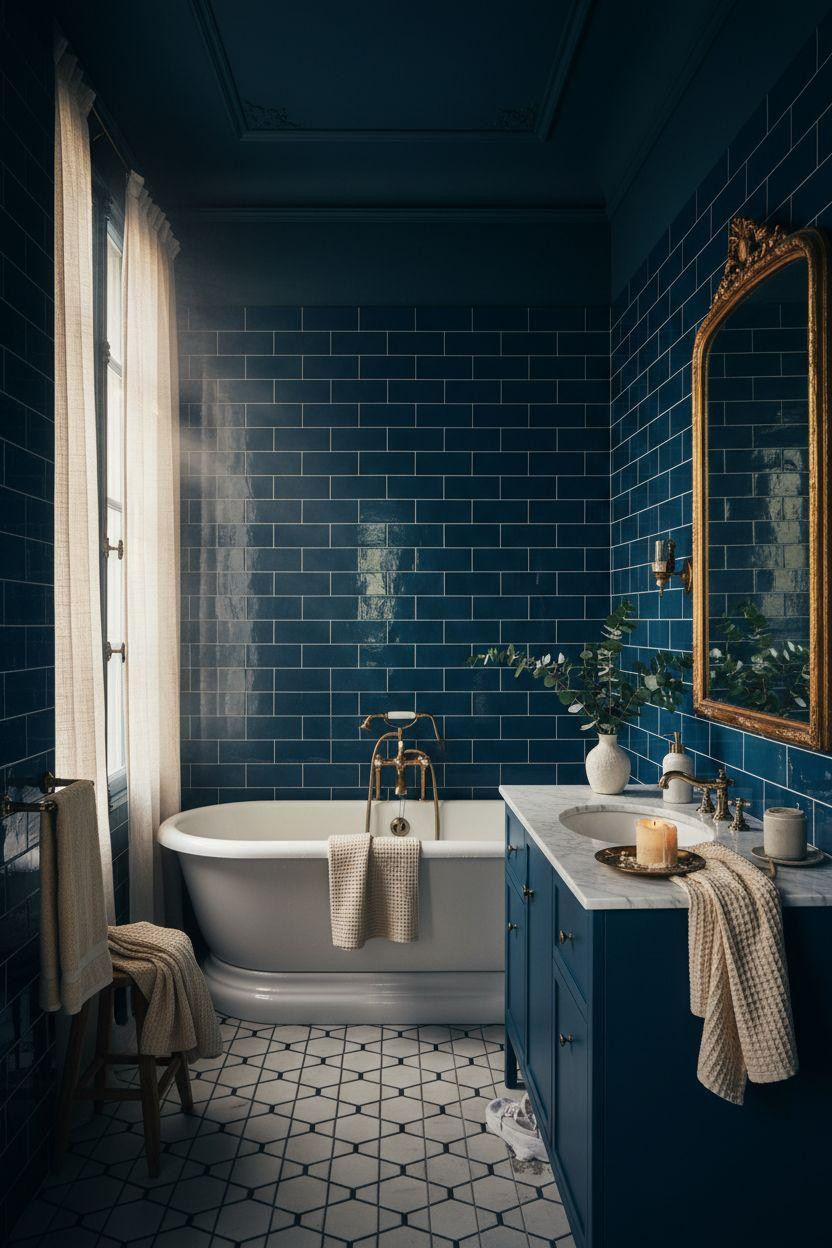 blue bathroom with navy subway tiles and freestanding clawfoot tub