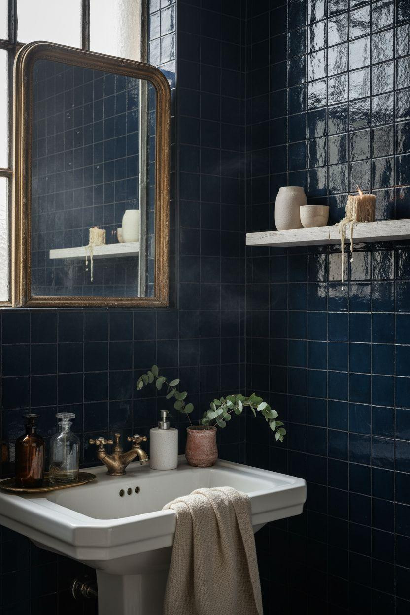 blue bathroom with navy zellige tiles and vintage pedestal sink