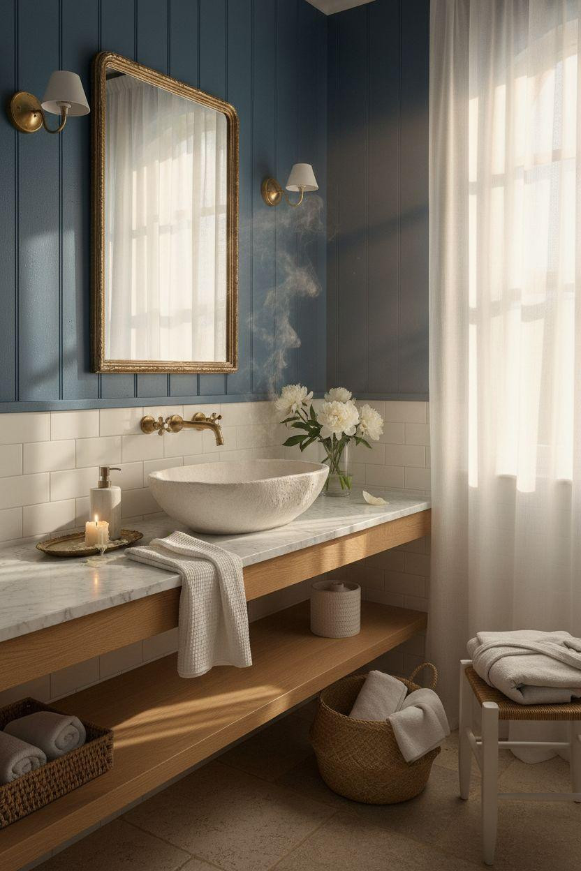 blue bathroom with French blue painted shiplap and coastal details