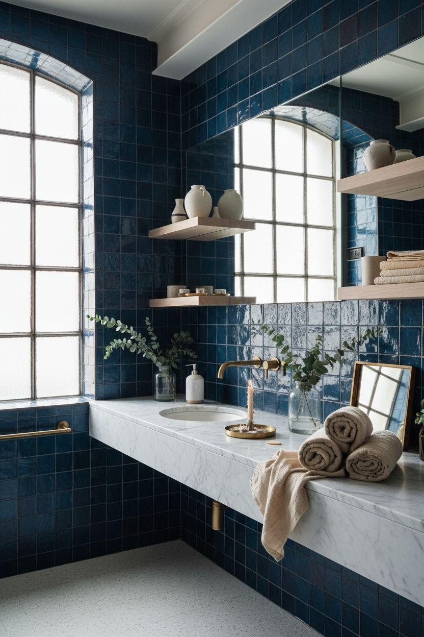 blue bathroom with navy zellige tiles catching soft morning light