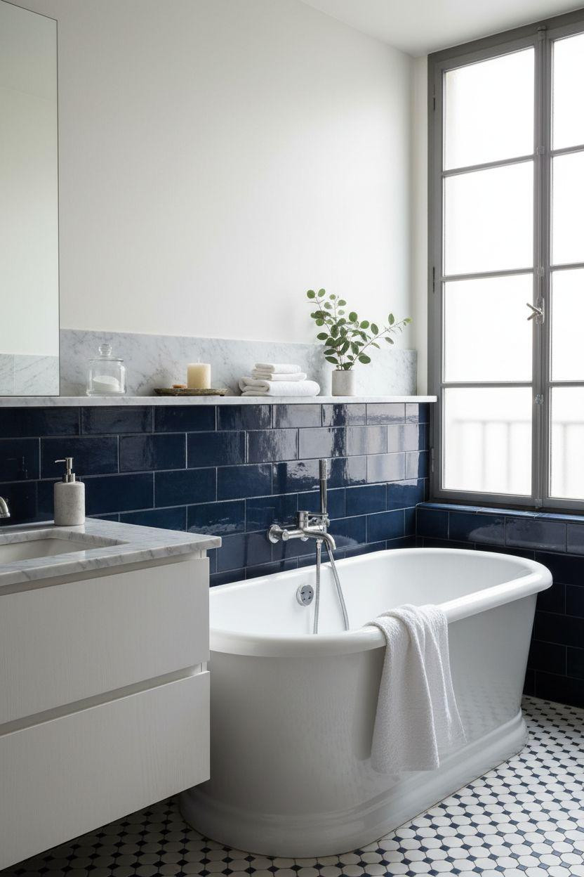 blue bathroom with navy subway tiles white fixtures and geometric floor pattern