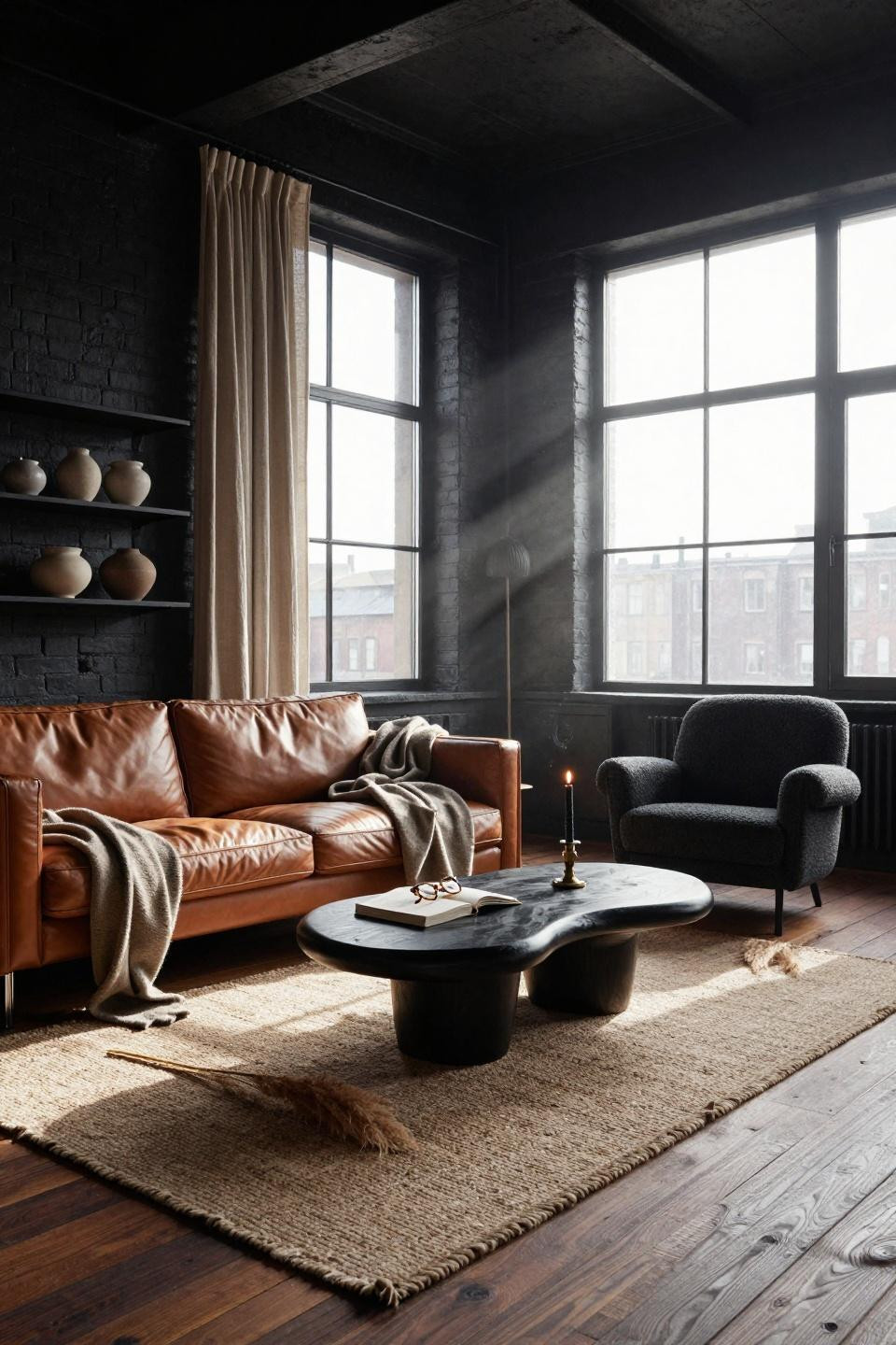 Moody organic modern living room with vintage furniture