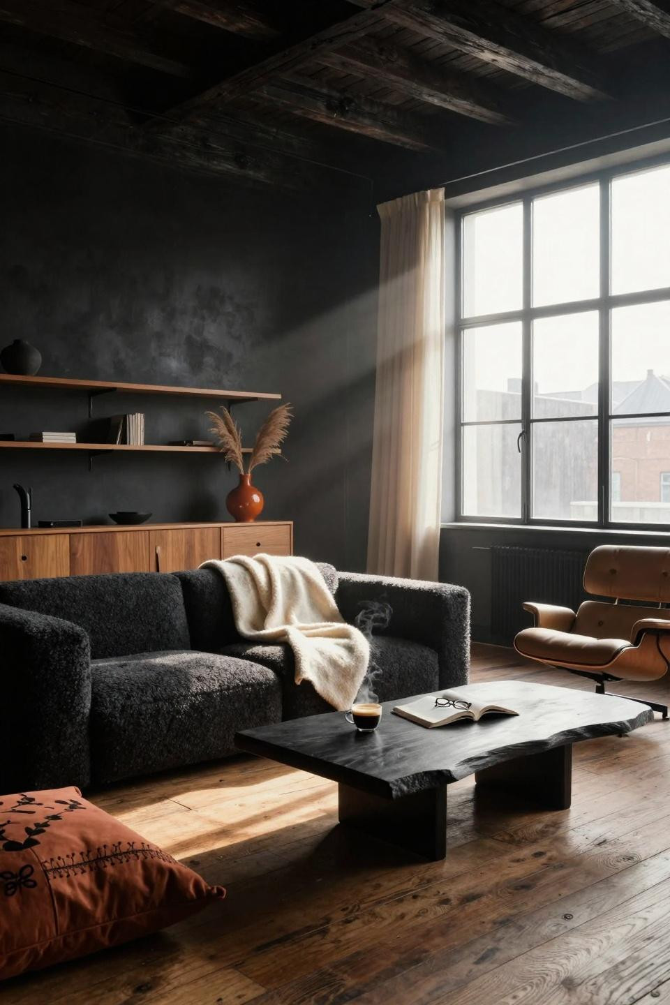 Moody organic modern living room with terracotta accents
