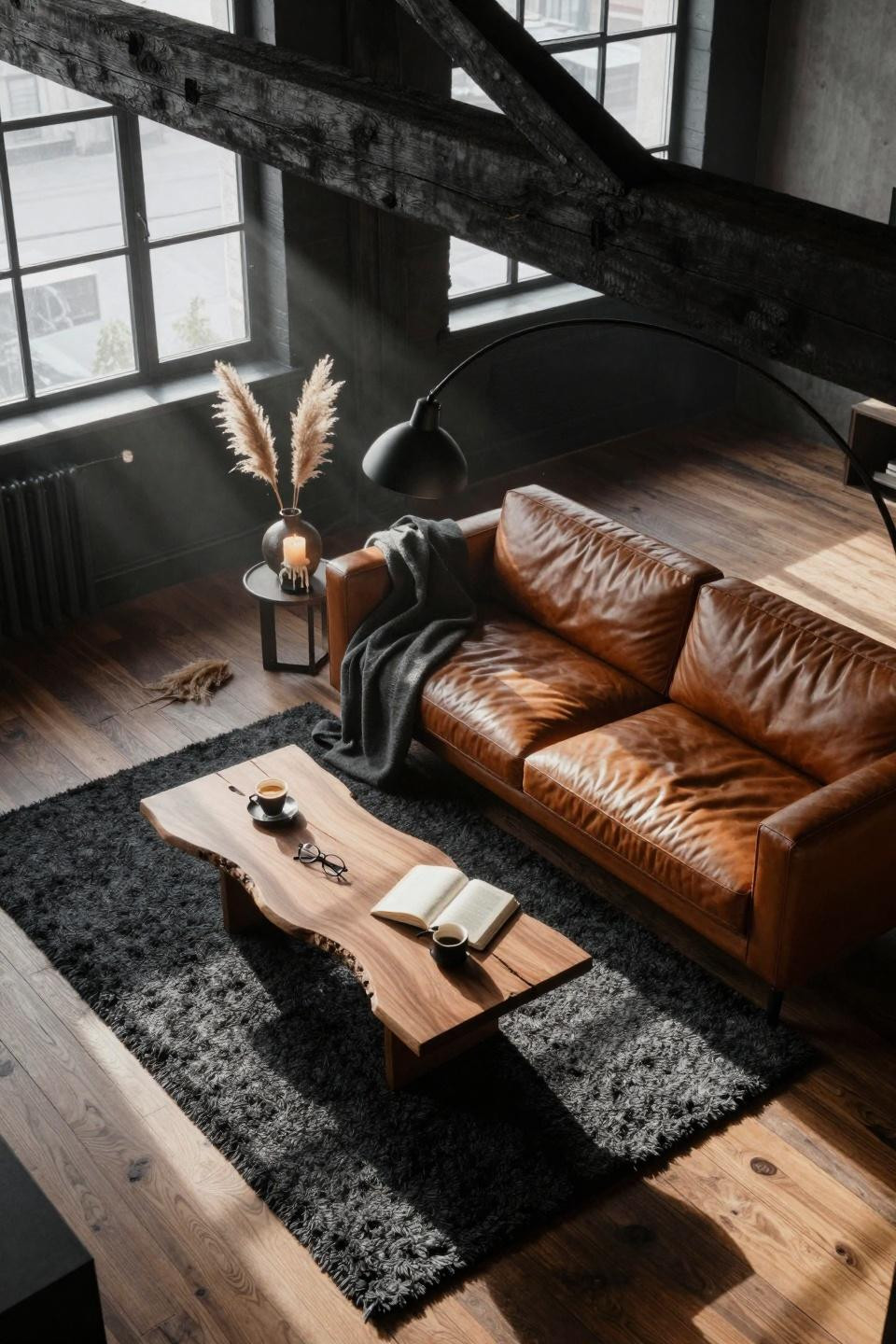 Moody organic modern living room in small space