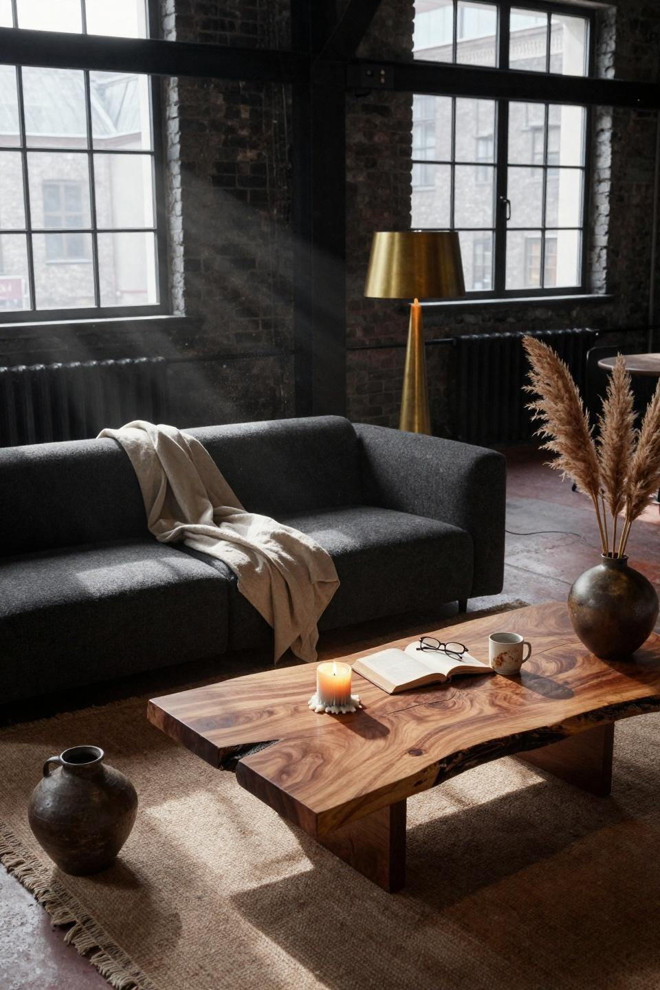 Moody organic modern living room with exposed brick and steel beams
