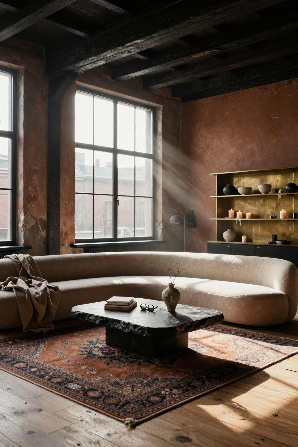 Moody organic modern living room with clay plaster and limestone table