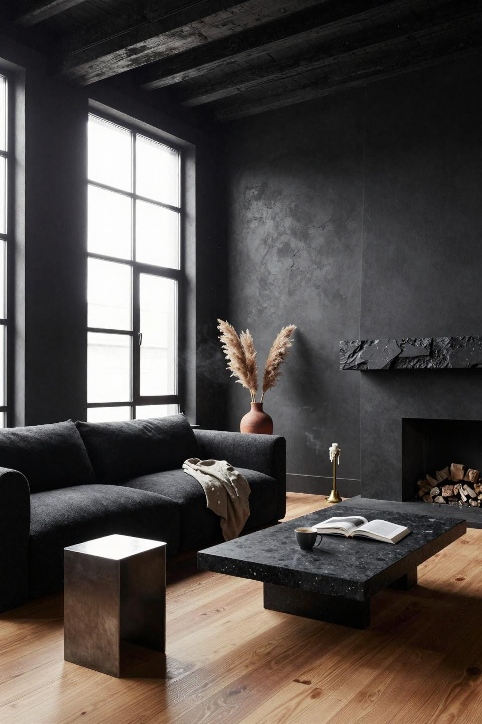 Moody organic modern living room with exposed timber beams