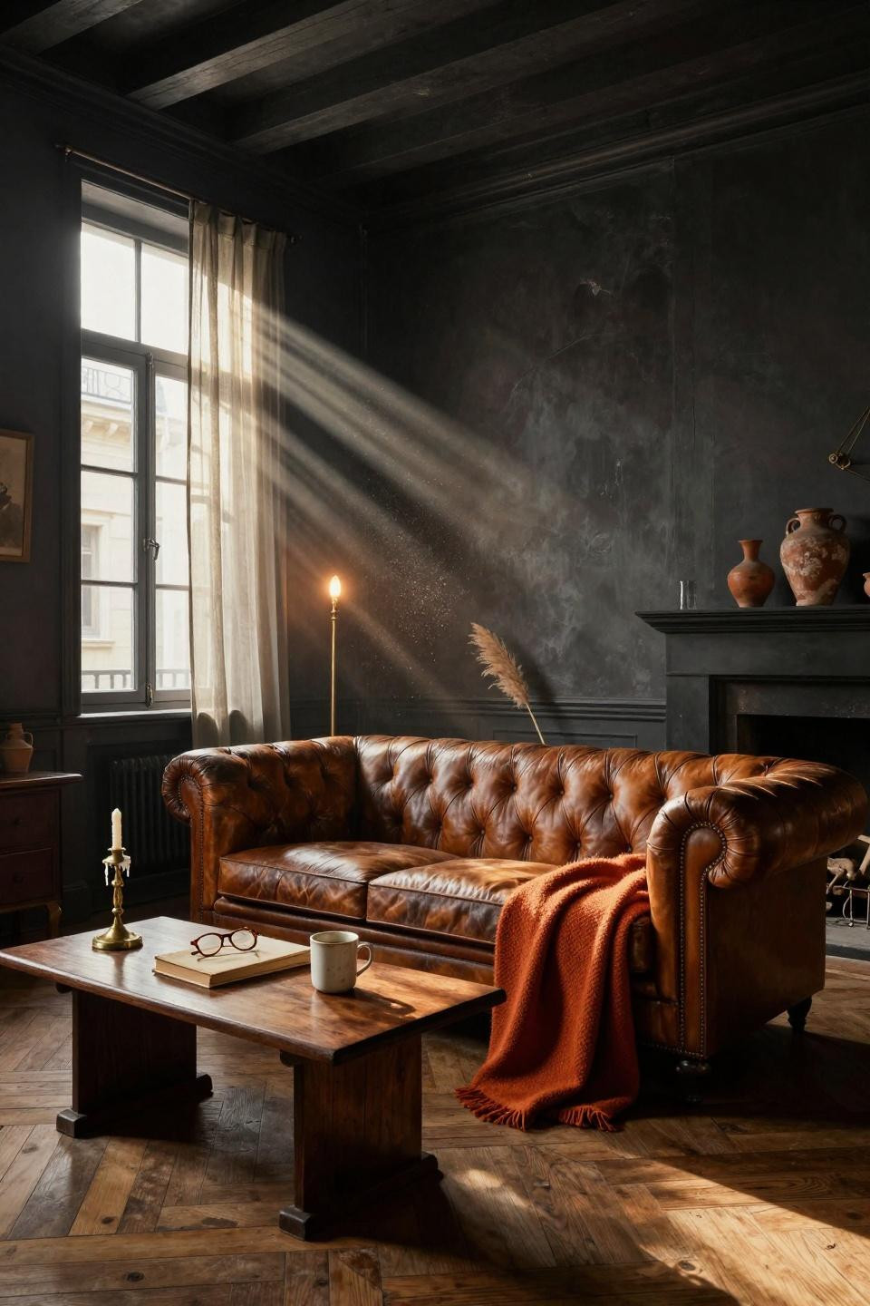 Moody organic modern living room with vintage Chesterfield sofa