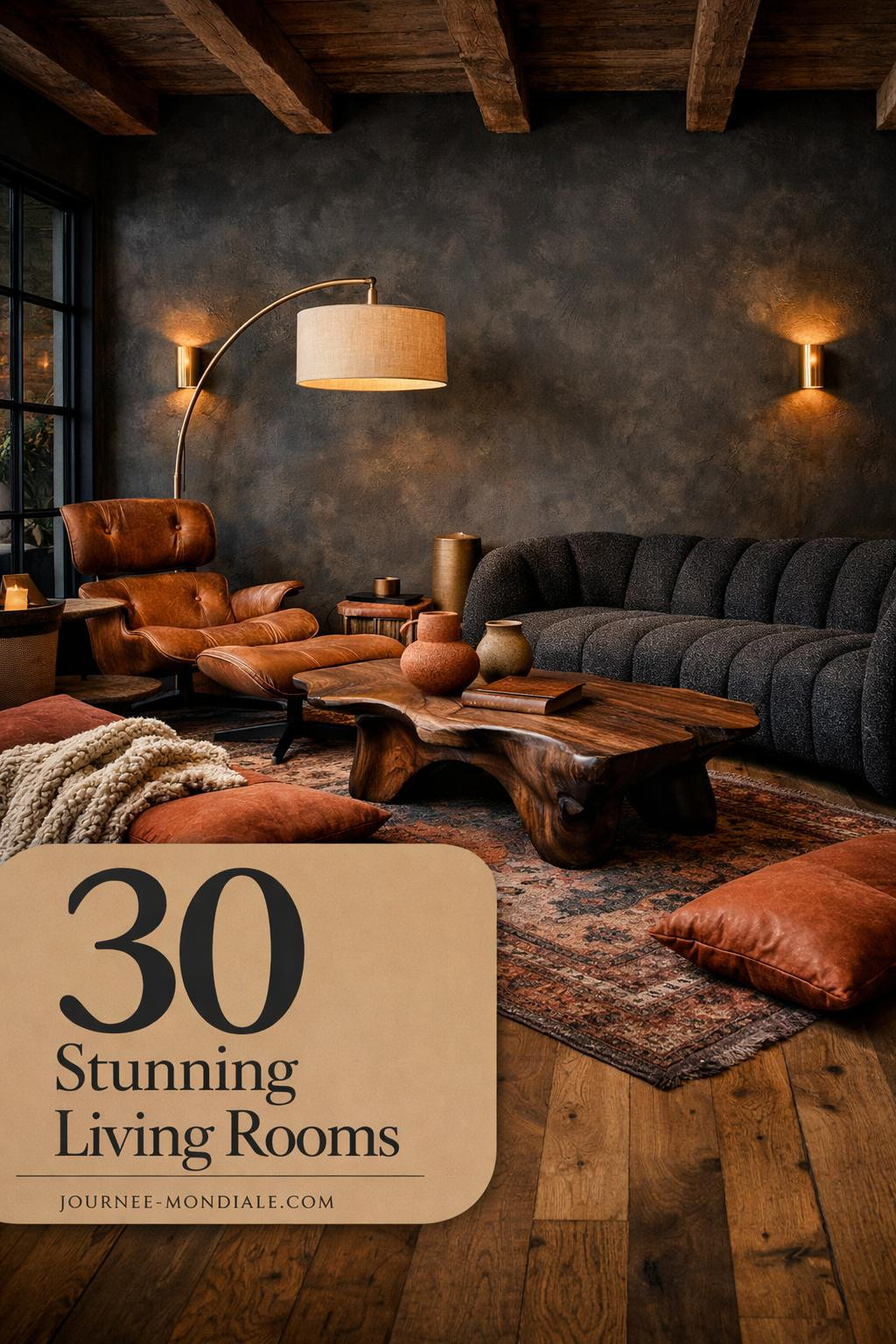 Dark moody living room featuring organic modern furniture, neutral earth tones, natural wood accents, and minimalist decor