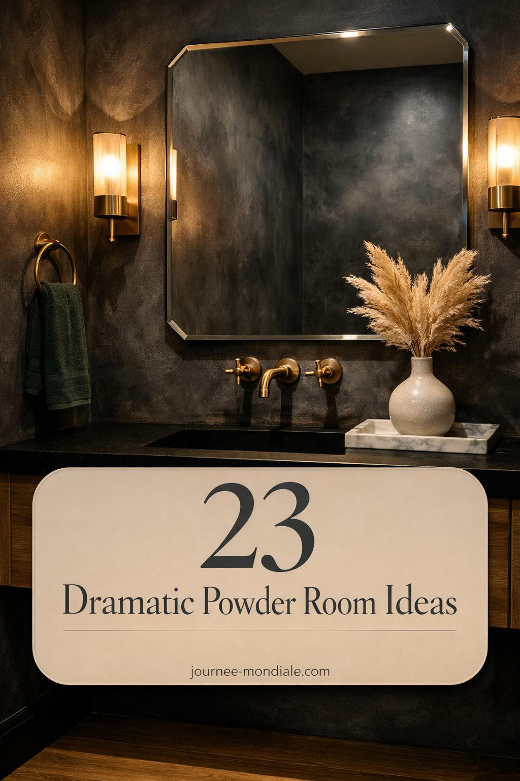 Dramatic powder bathroom featuring charcoal plaster walls, white oak floating vanity, brass wall sconces, and forest green accents