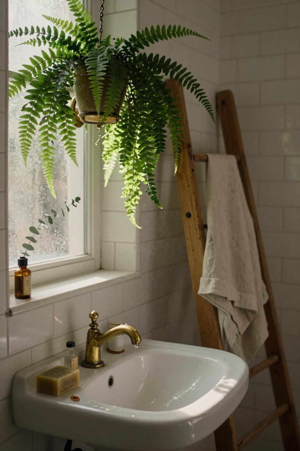 Moody Vintage Bathroom - small bath with unlacquered brass faucet and hanging ferns