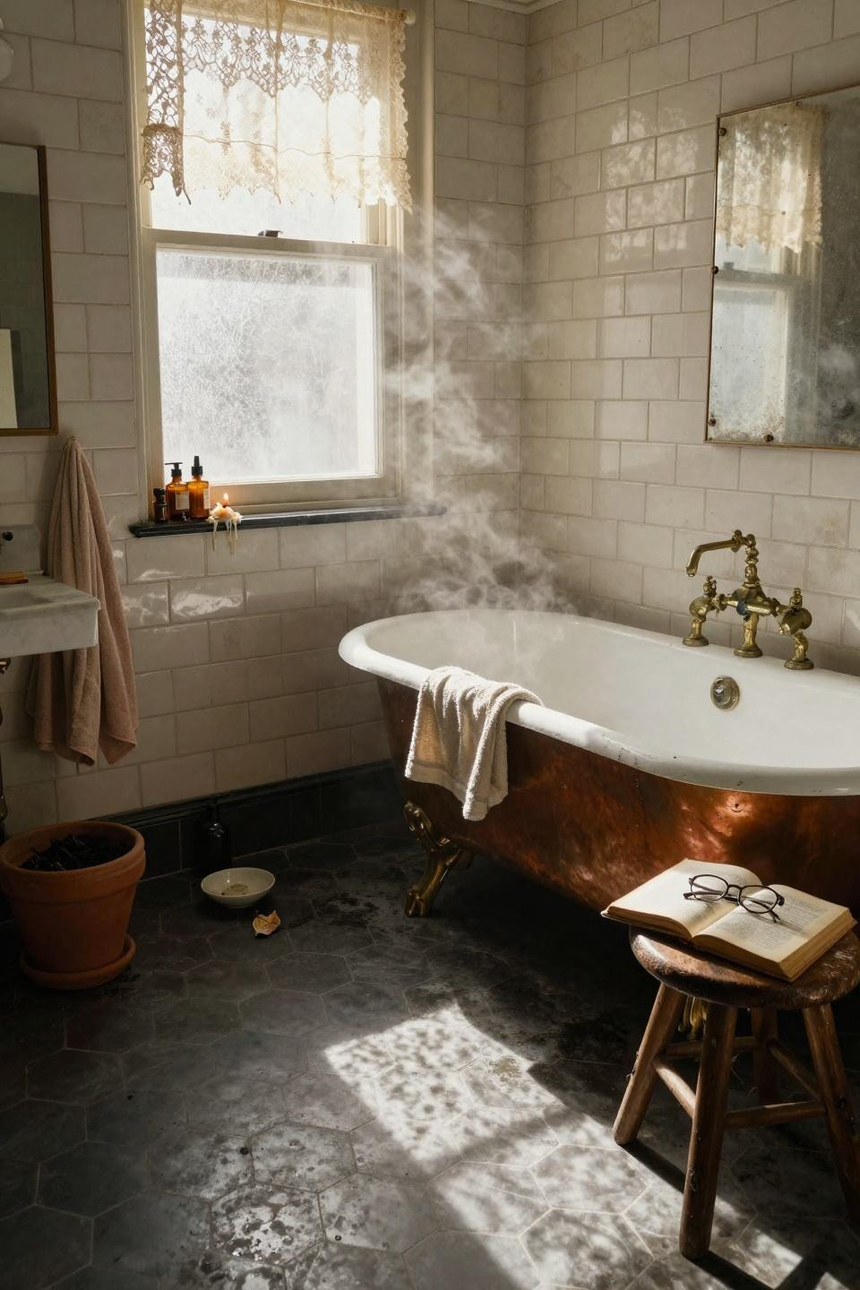 Moody Vintage Bathroom - Parisian master bath with copper tub and terracotta accents