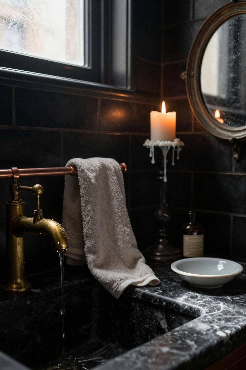 Moody Vintage Bathroom - dark powder room with aged brass faucet closeup