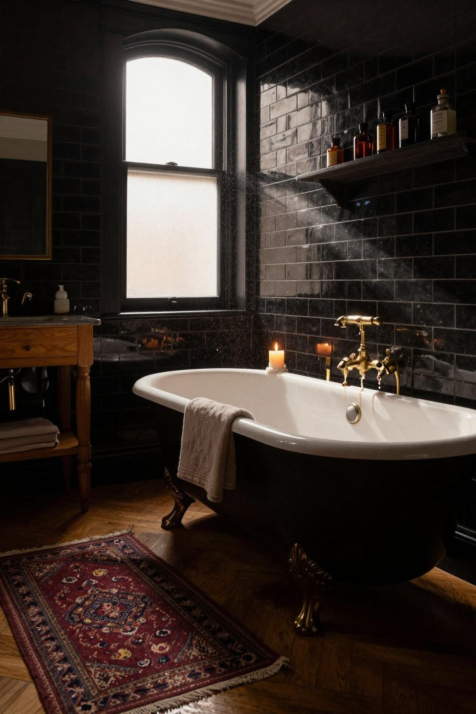 Moody Vintage Bathroom - charcoal subway tile with honey oak vanity