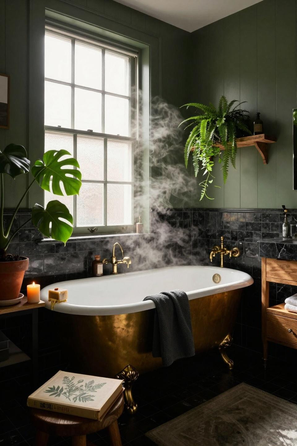 Moody Vintage Bathroom - Victorian clawfoot tub with brass fixtures and trailing plants