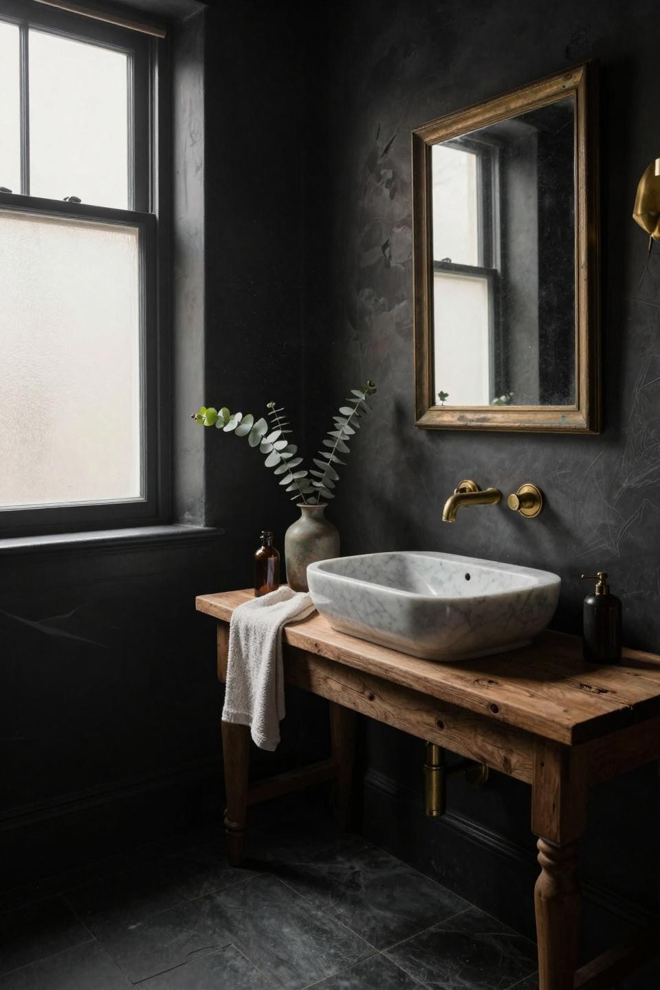 Moody Vintage Bathroom - dark powder room with Venetian plaster and brass fixtures