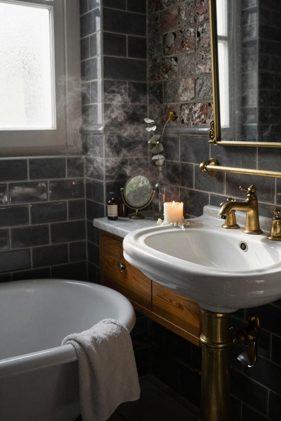 Moody Vintage Bathroom - small vintage bath with brass pedestal sink and subway tiles