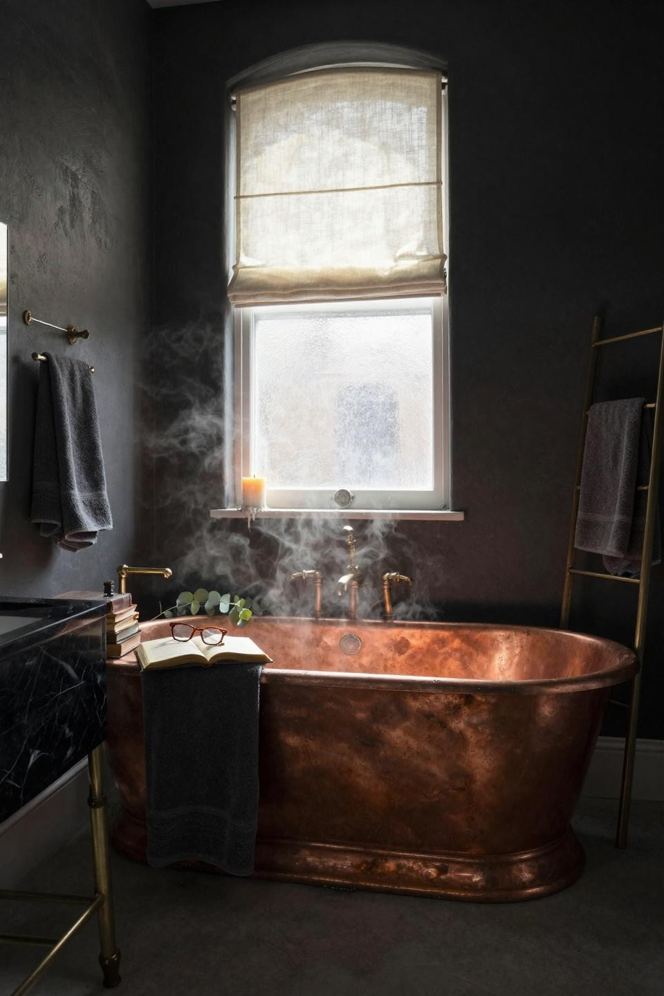 Moody Vintage Bathroom - Gothic master bath with copper tub and black marble vanity
