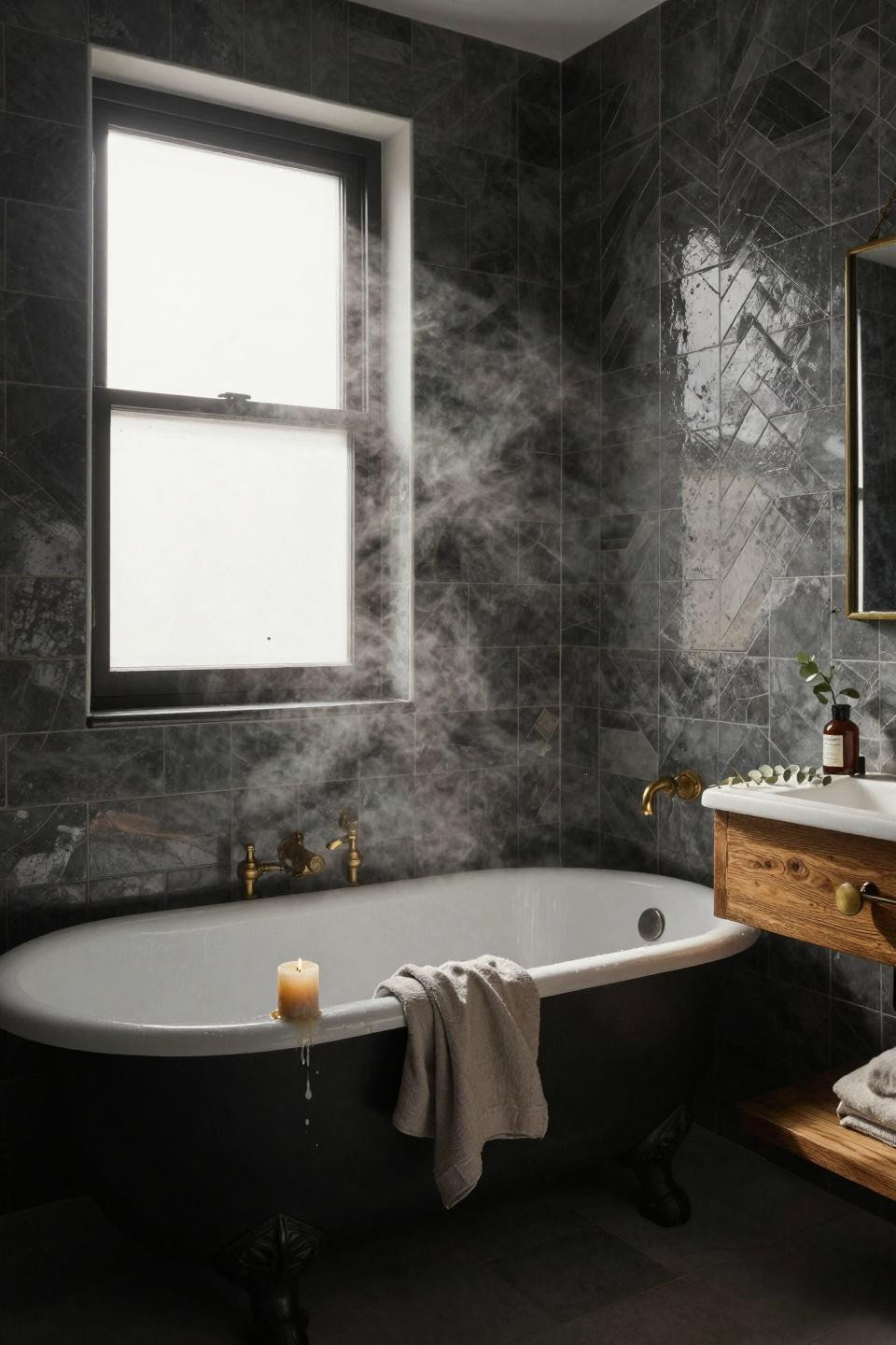Moody Vintage Bathroom - modern moody bath with herringbone zellige and black tub