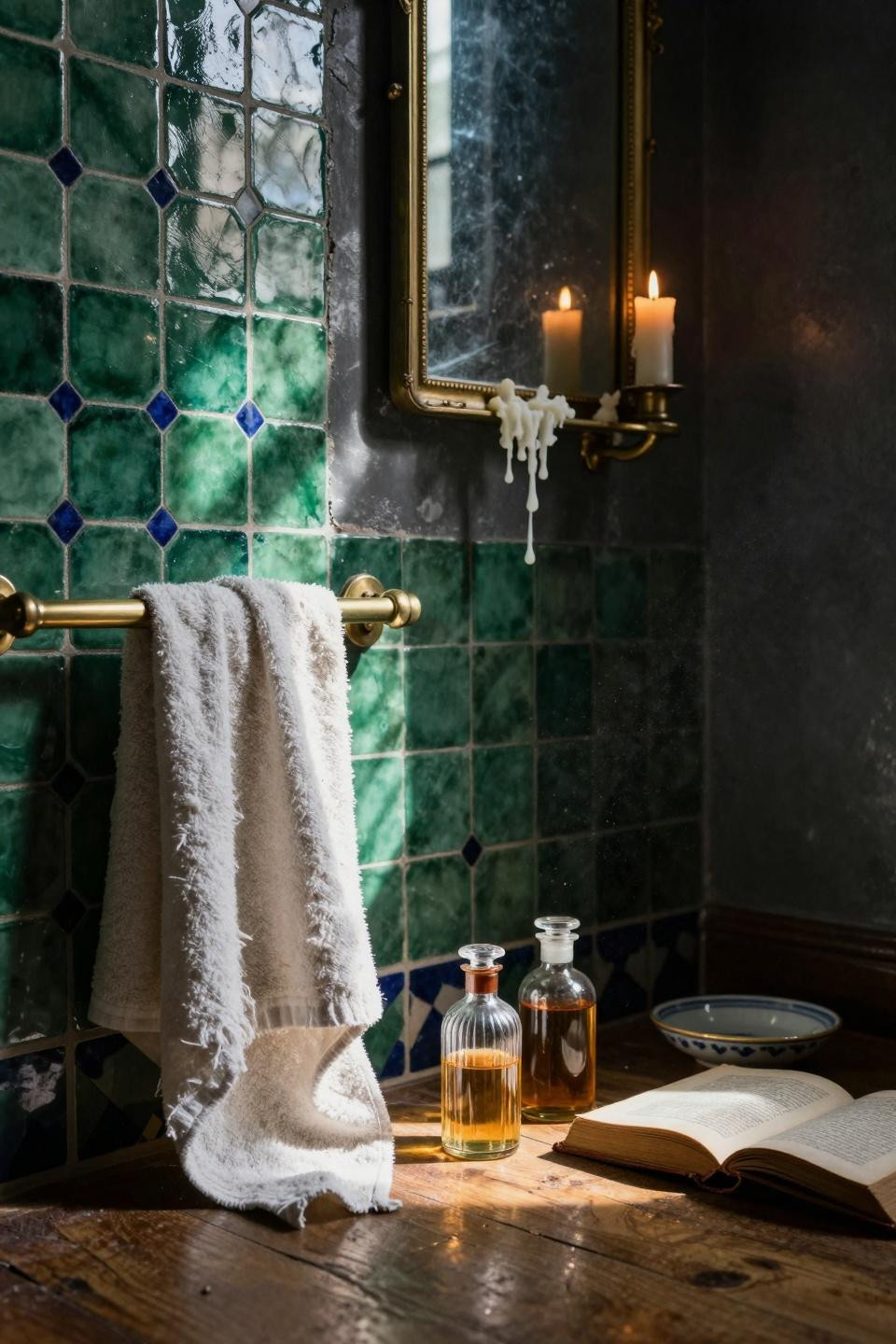 Moody Vintage Bathroom - forest green zellige tiles with antique brass mirror