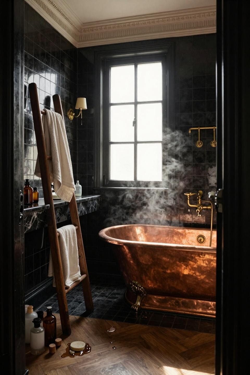 Moody Vintage Bathroom - Parisian master bath with copper tub and herringbone floors