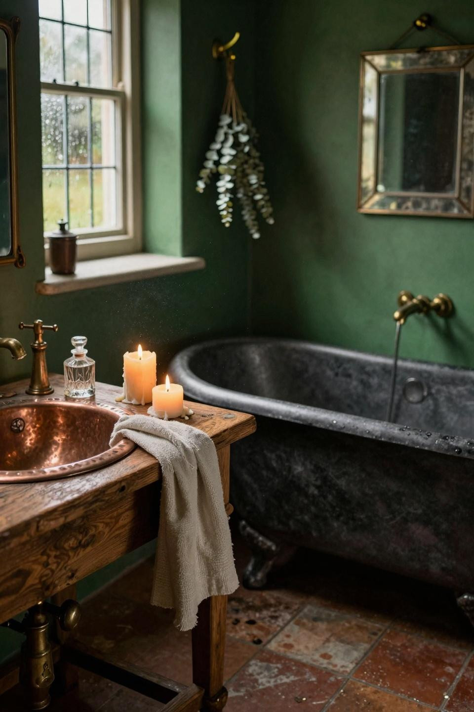 Moody Vintage Bathroom - cottagecore bath with forest green walls and copper sink