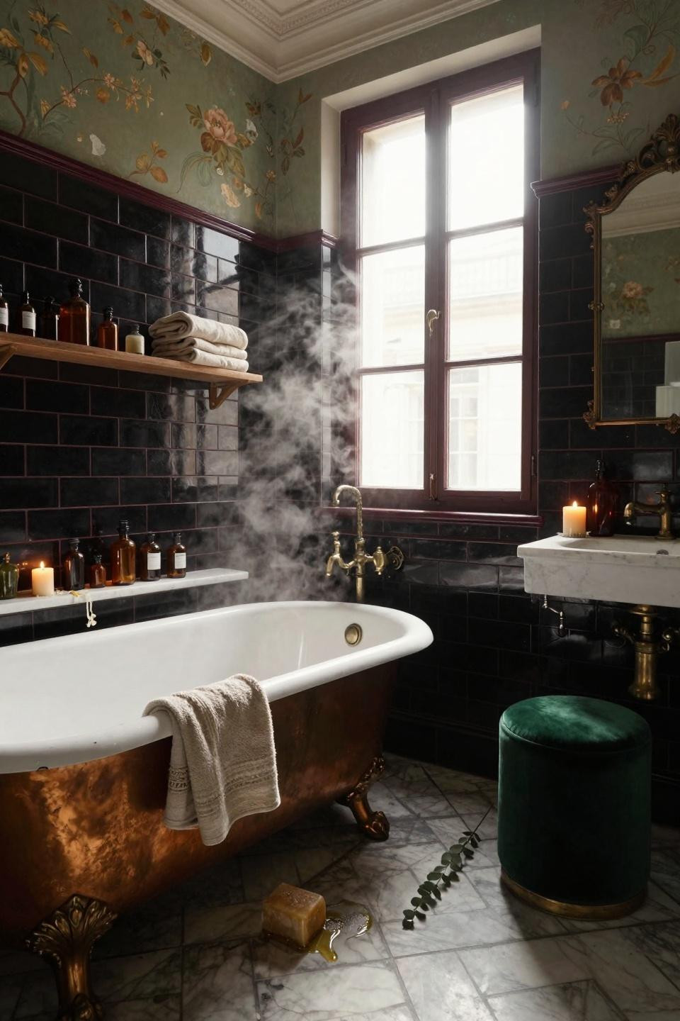 Moody Vintage Bathroom - dark subway tiles with burgundy grout and oxidized copper tub
