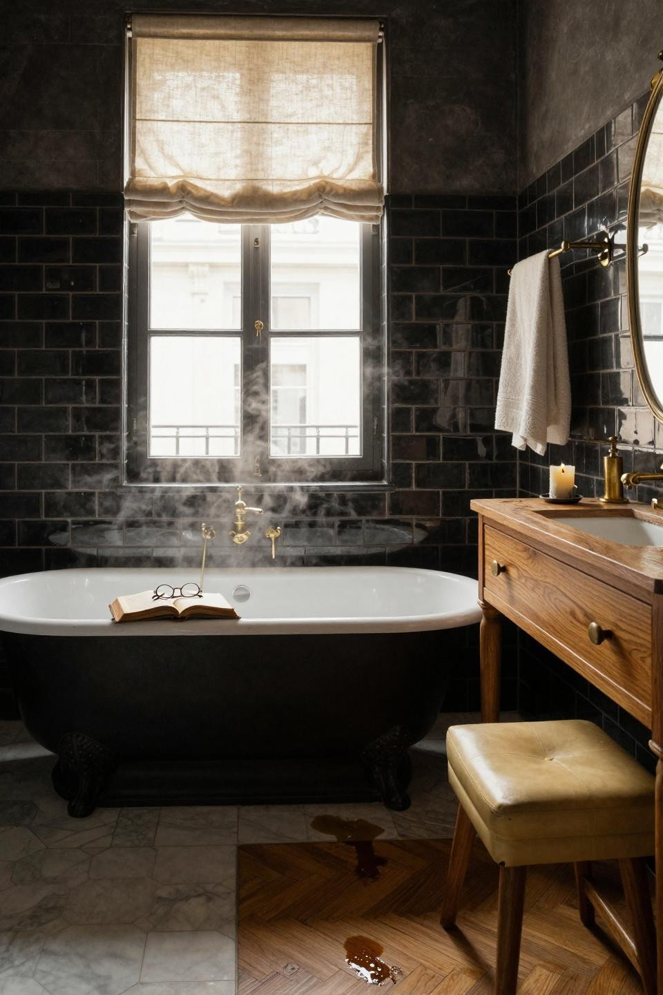 Moody Vintage Bathroom - Parisian master bath with herringbone floors and clawfoot tub