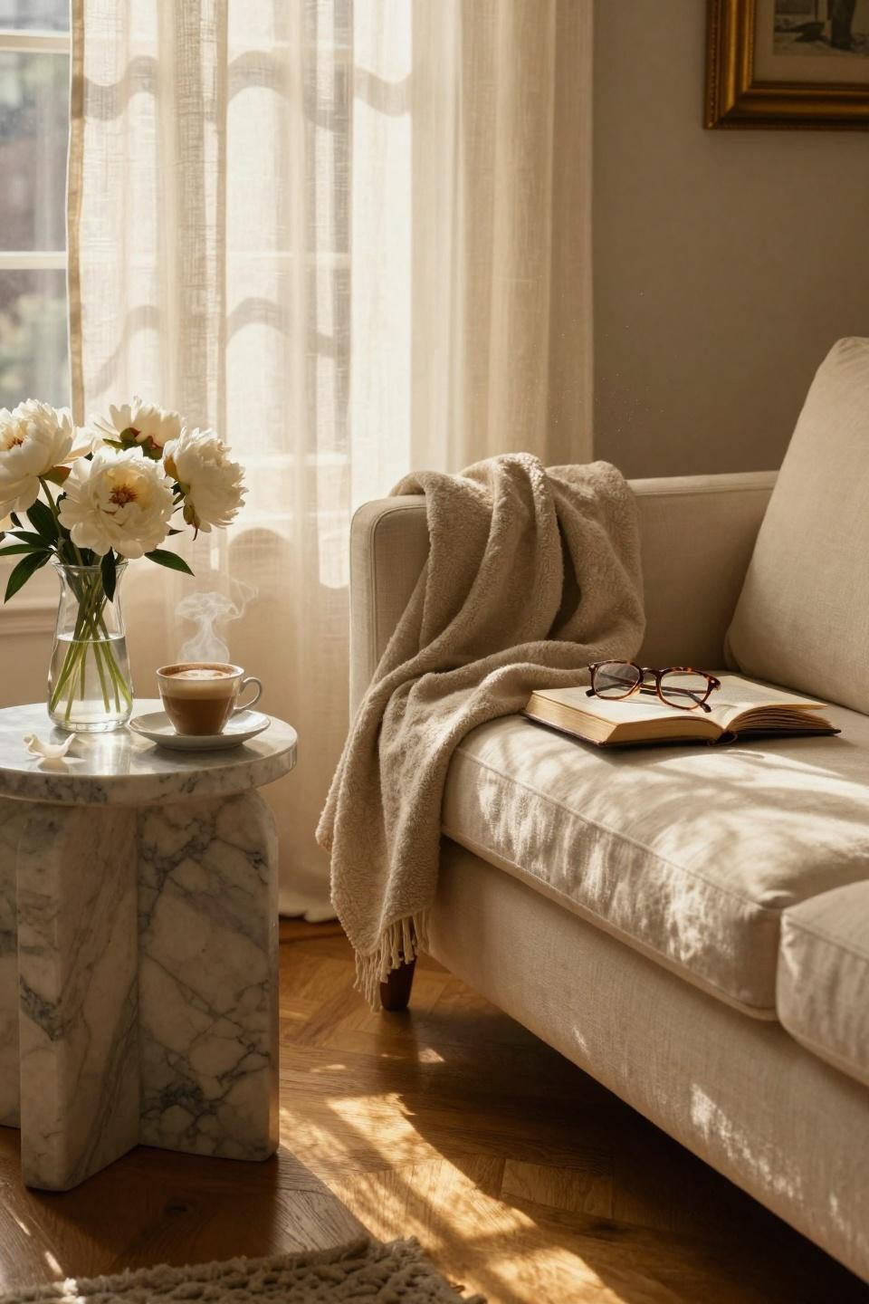 Nancy Meyers Interiors - cozy ivory linen living room detail