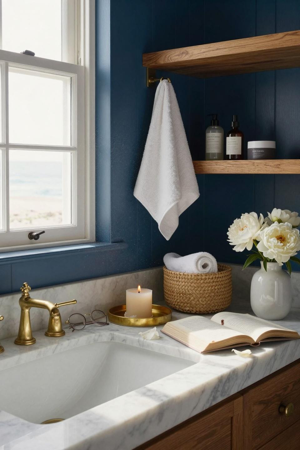 Nancy Meyers Interiors - navy blue coastal bathroom vanity