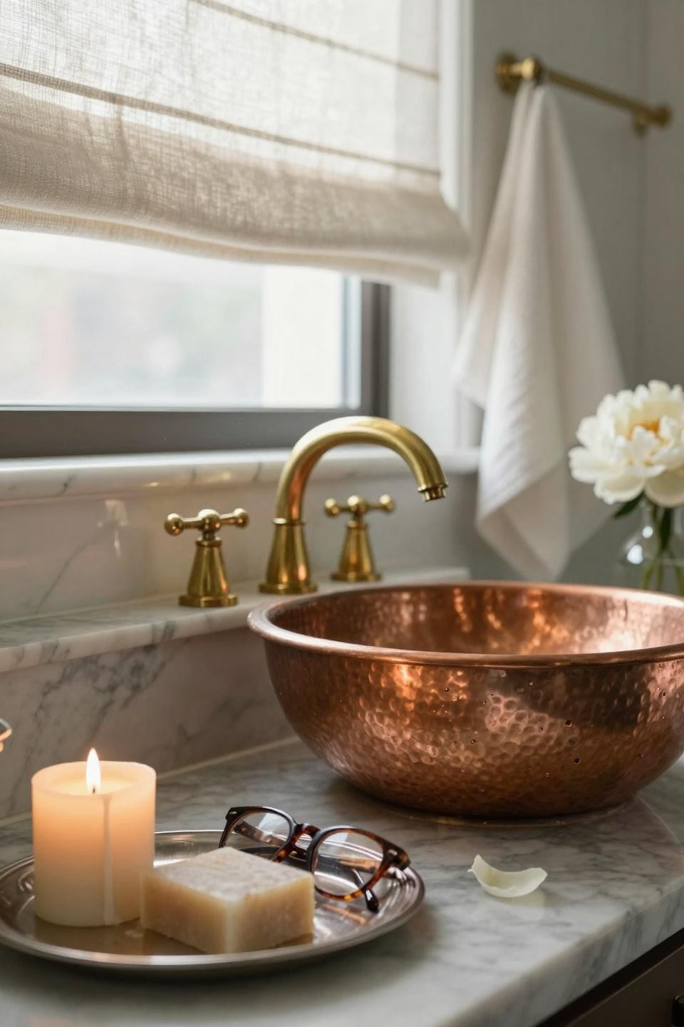 Nancy Meyers Interiors - metallic bathroom with marble and brass