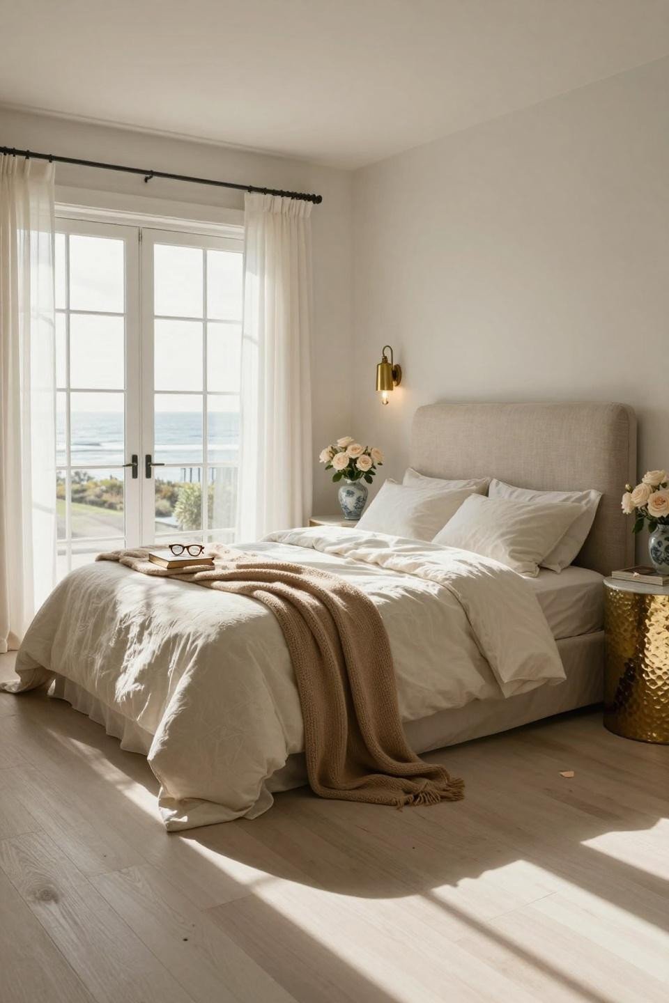 Nancy Meyers Interiors - airy cream bedroom with French doors