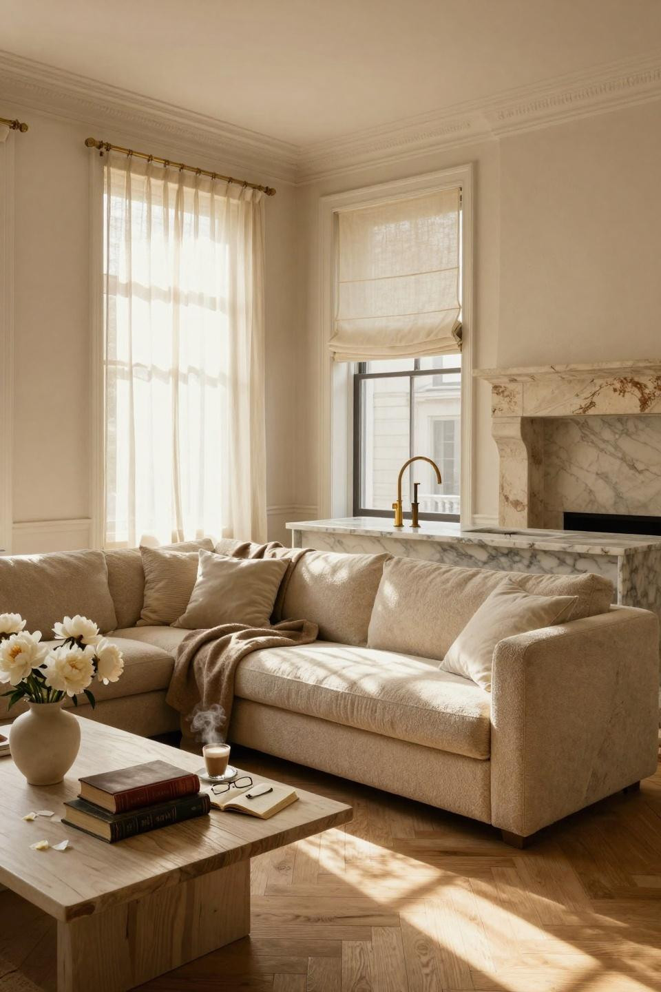 Nancy Meyers Interiors - bright apartment with kitchen and living area