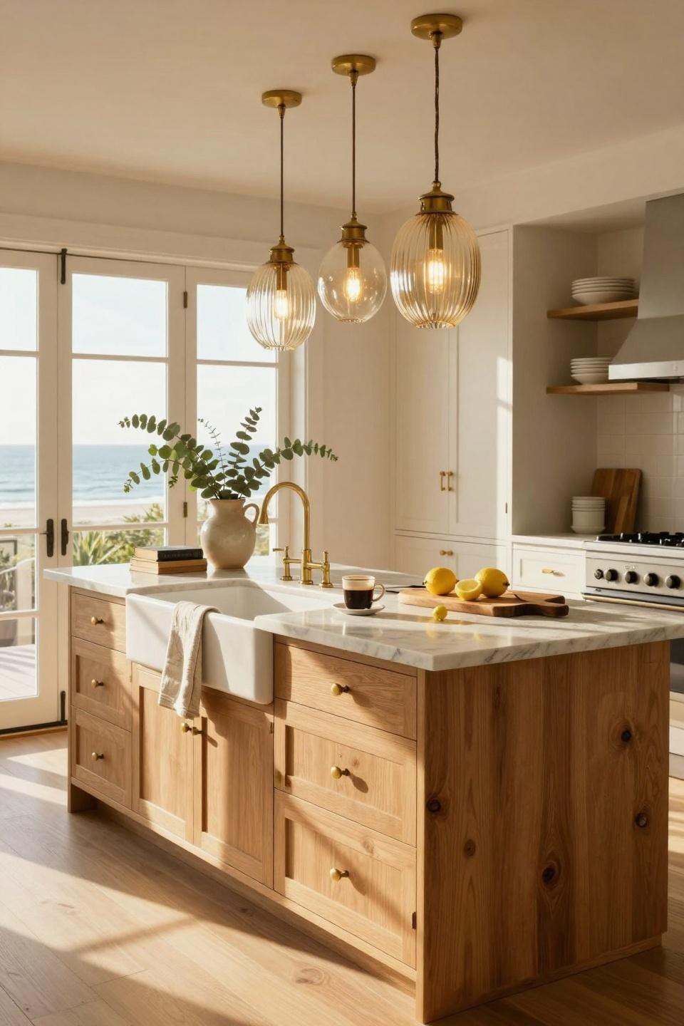 Nancy Meyers Interiors - bright white kitchen with oak island