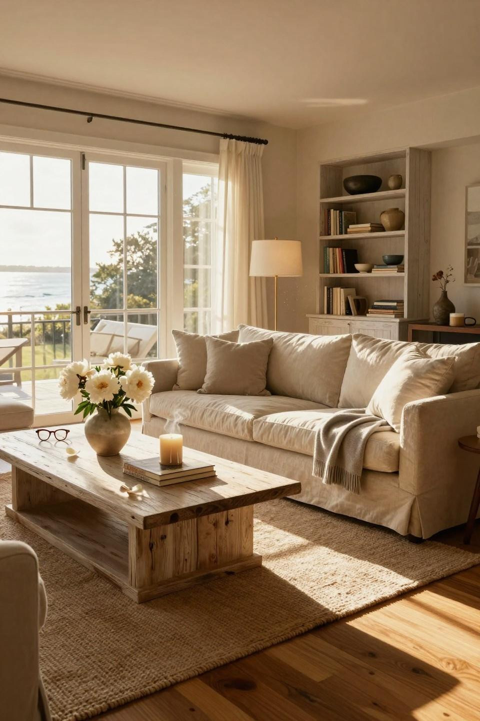 Nancy Meyers Interiors - cozy coastal living room with natural light
