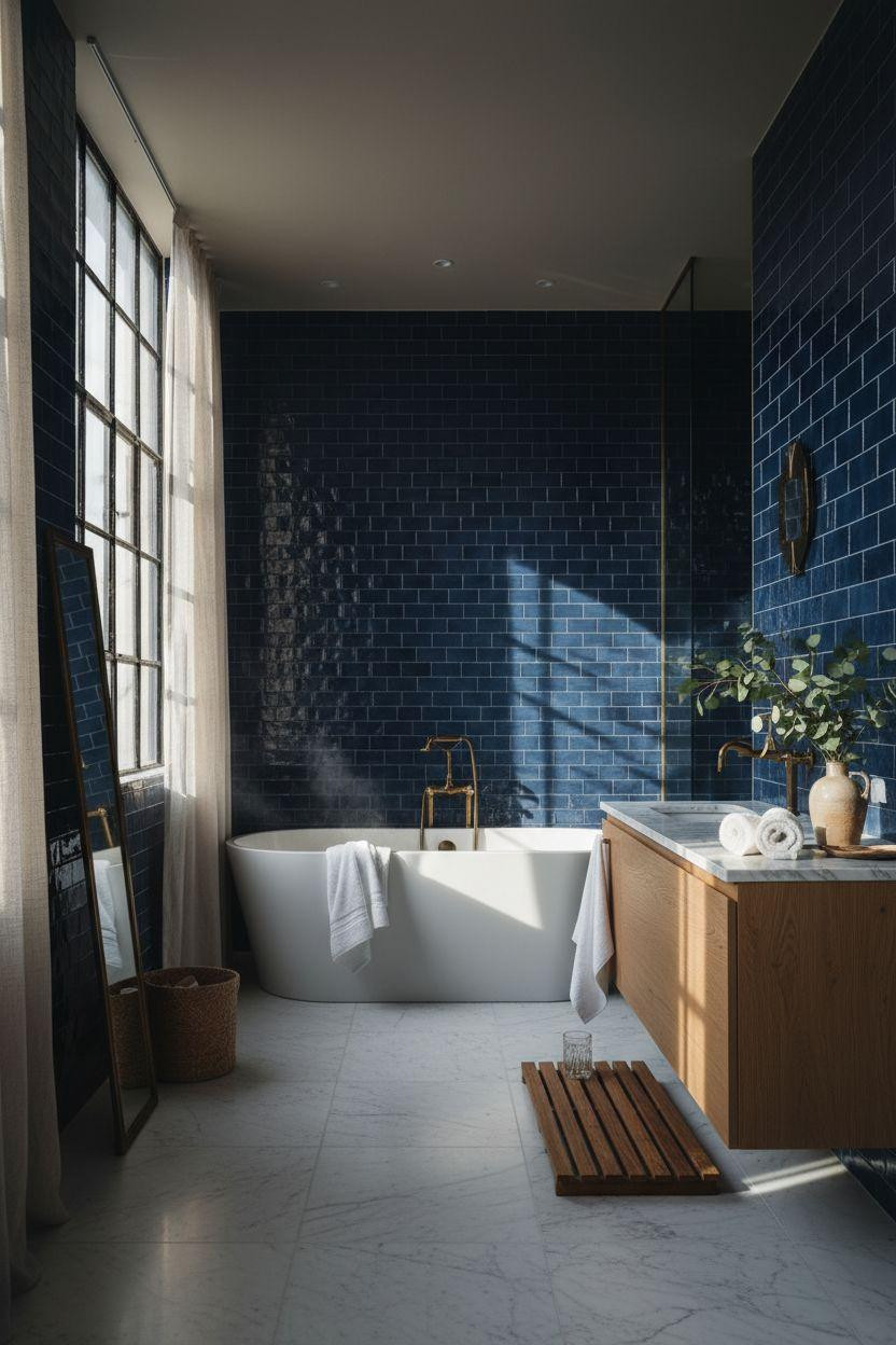 blue bathroom with handmade navy zellige tiles in loft space