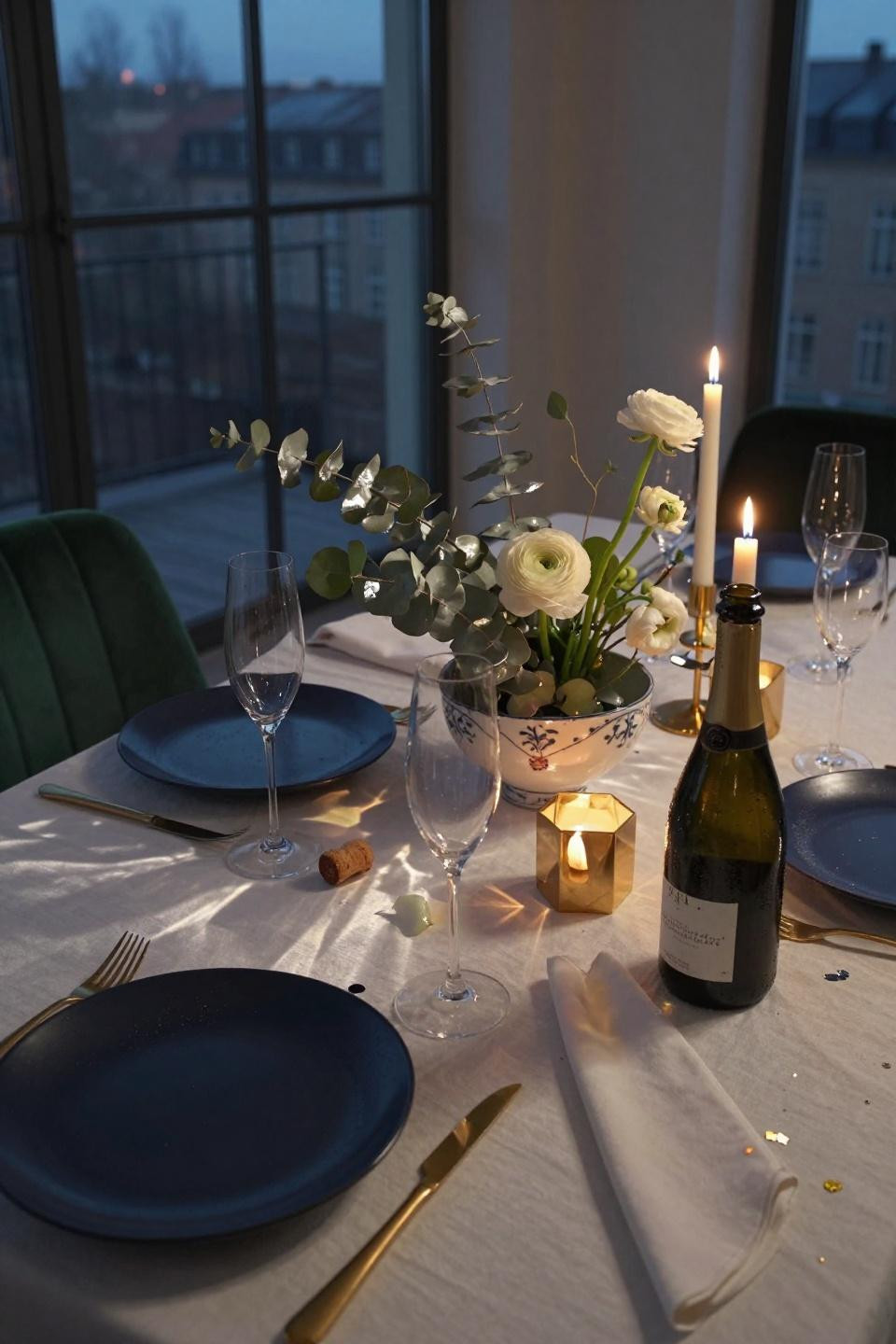 New Years Decoration Ideas - midnight navy plates with brass cutlery