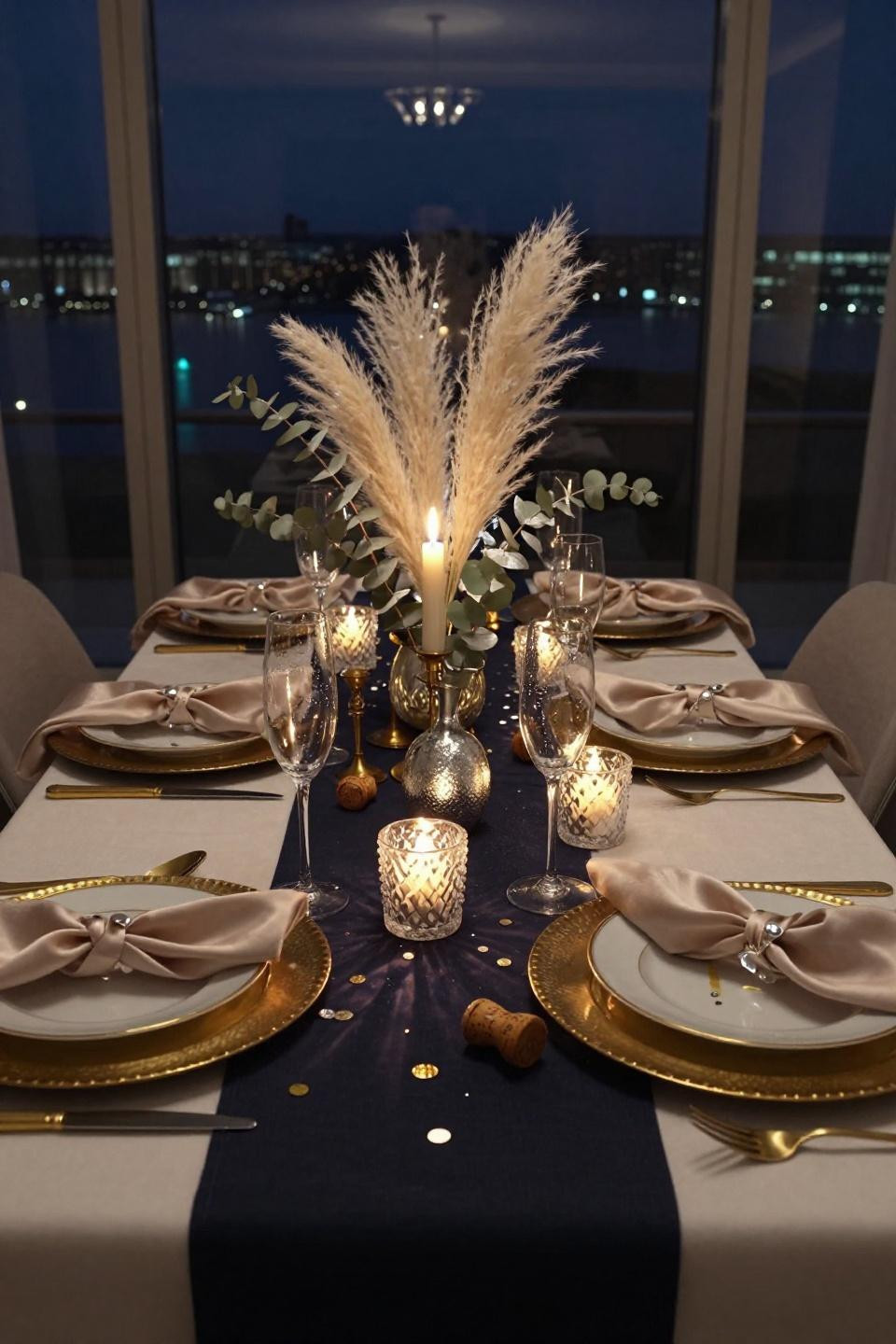 New Year's Eve Table Setting - midnight navy runner with brass chargers