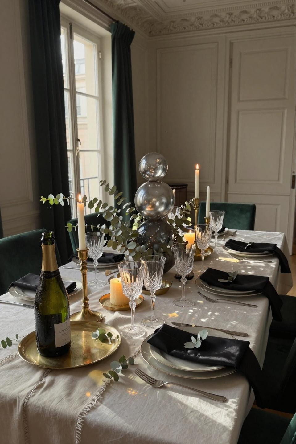 New Years Decoration Ideas - mercury glass spheres with eucalyptus