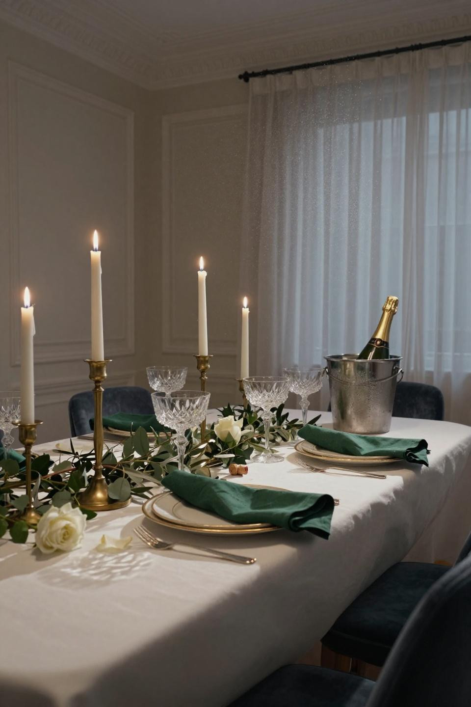 New Years Eve Table Setting - eucalyptus garland with brass candlesticks