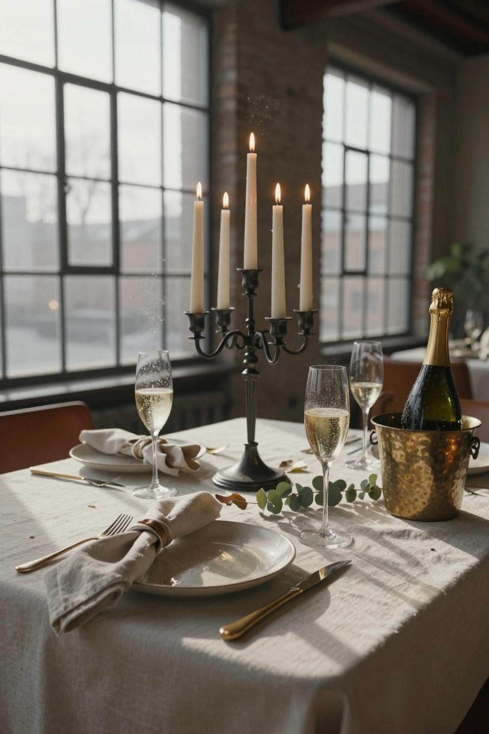Nye Table Setting - blackened steel candelabra with ivory tapers