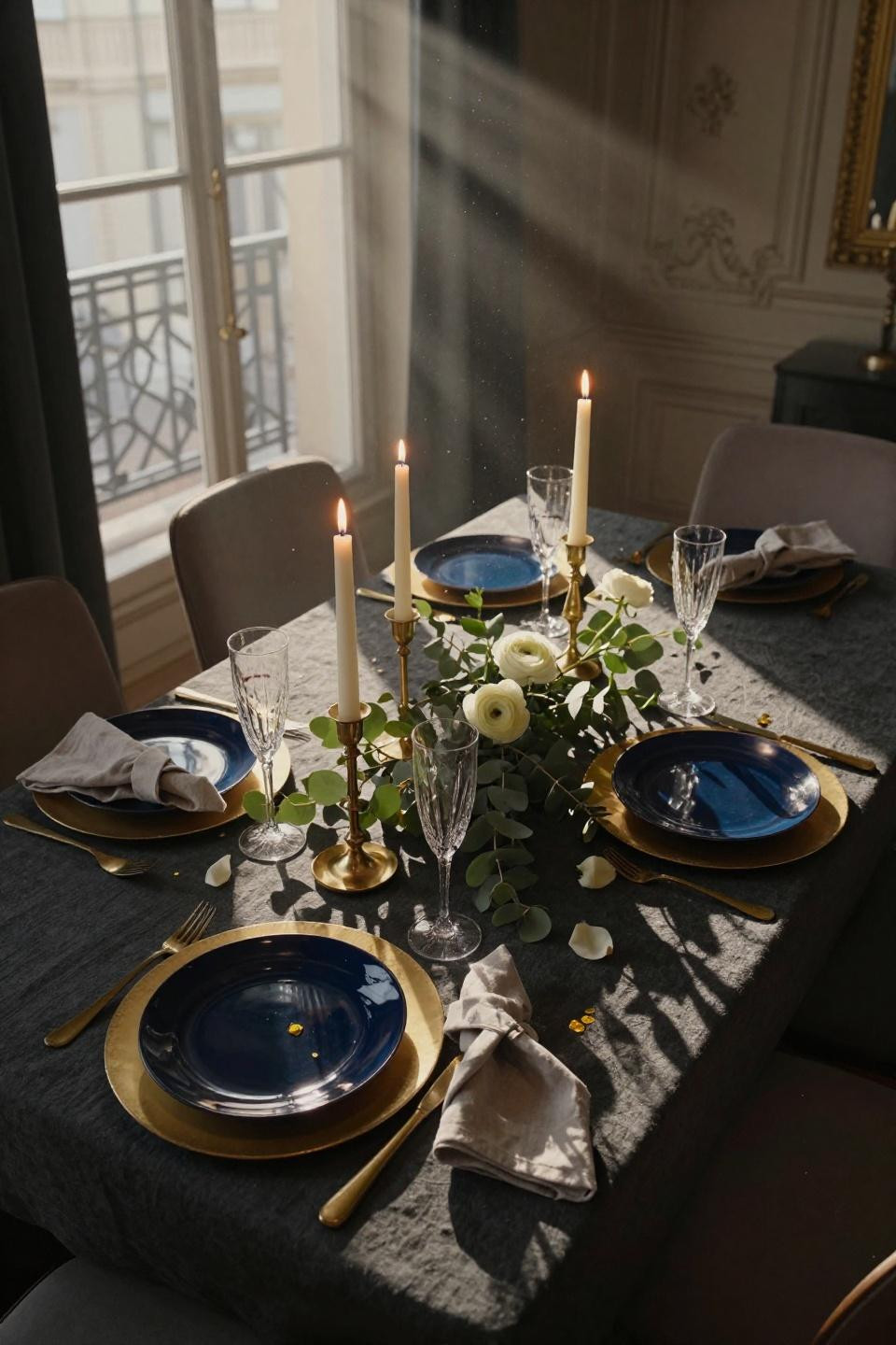New Year's Eve Table Decor - midnight blue plates on charcoal linen