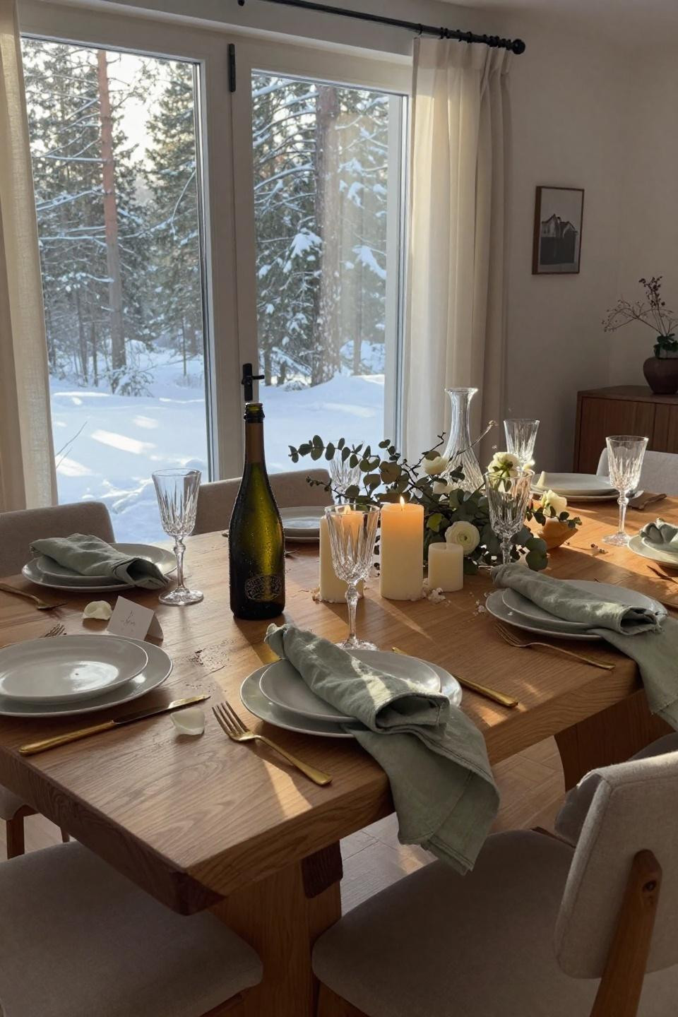 New Years Eve Tablescape - oak table with winter branches and ivory ceramics